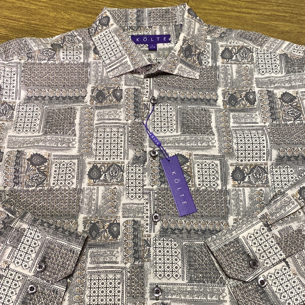 NWT KOLTE Long Sleeve Button Down Gray and Taupe Shirt Size L